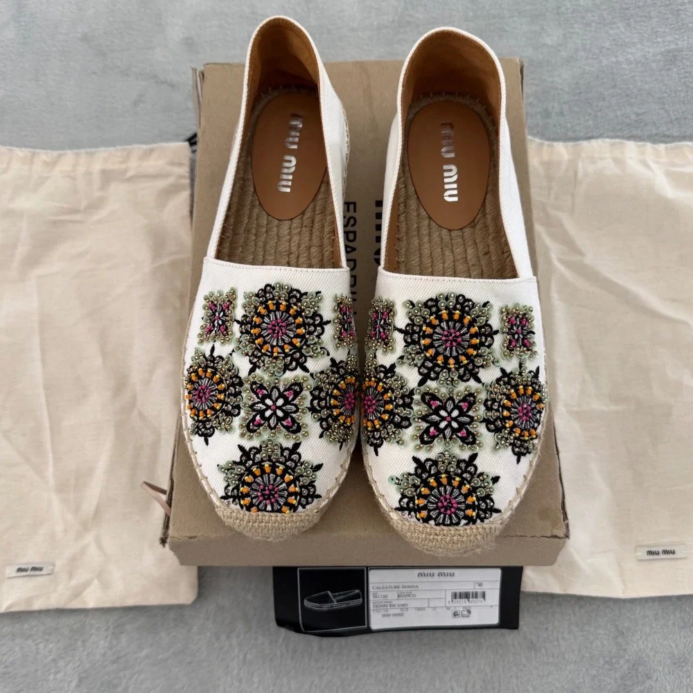 Miu Miu Floral Beaded Espadrilles Denim Ricamo White Size 40 NWT Box Dust Bags